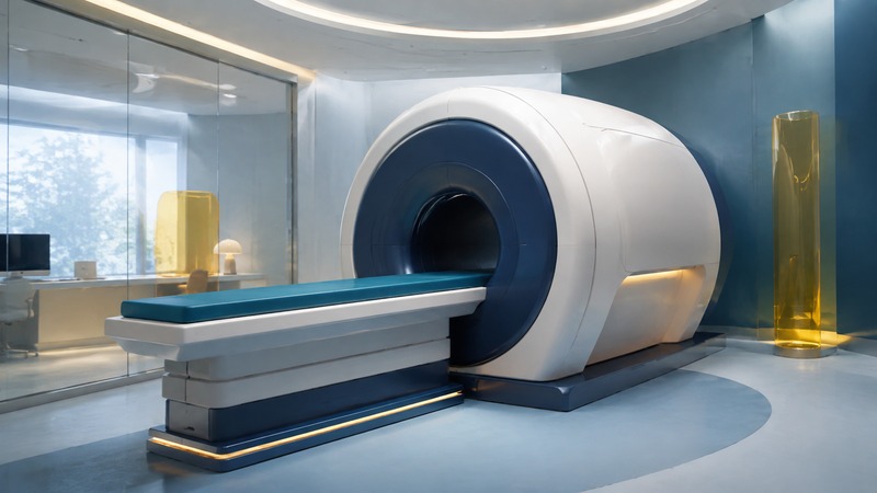Conceptual cylindrical MRI scanner with a deep central tunnel and aligned patient table in a calm imaging room.