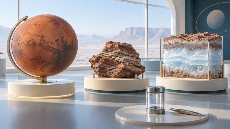 Mars globe, layered rock and conceptual subsurface ice exhibits beside a sample container.