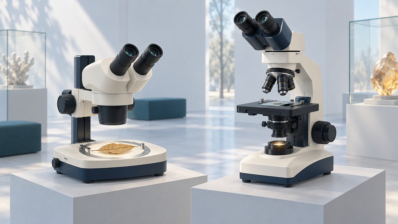 Conceptual stereo and upright compound microscopes stand side by side, showing their different stage and objective arrangements.