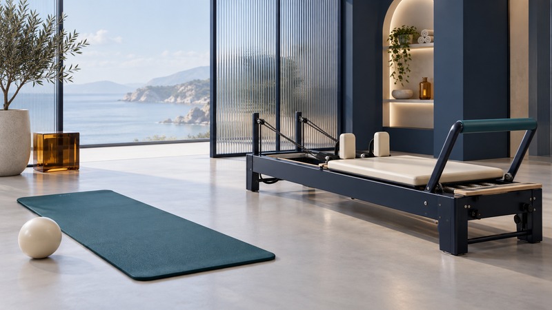 An ivory and navy Pilates reformer stands beside a teal floor mat and small exercise ball.