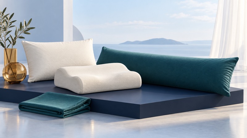 A traditional ivory pillow, contoured pillow, and long teal body pillow rest on a navy platform beside a folded cover.
