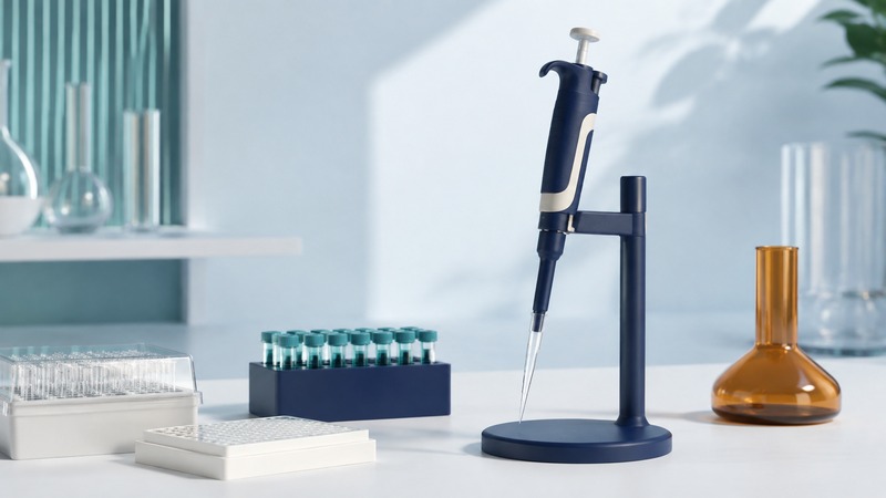 A navy and ivory micropipette rests on a stand beside a microplate, tip rack and capped sample tubes.