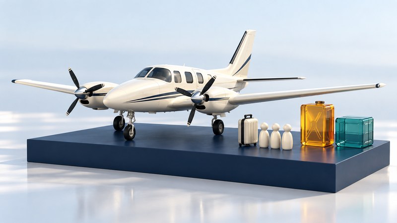 An ivory twin-propeller aircraft model beside luggage, passenger tokens and colored payload and fuel blocks.