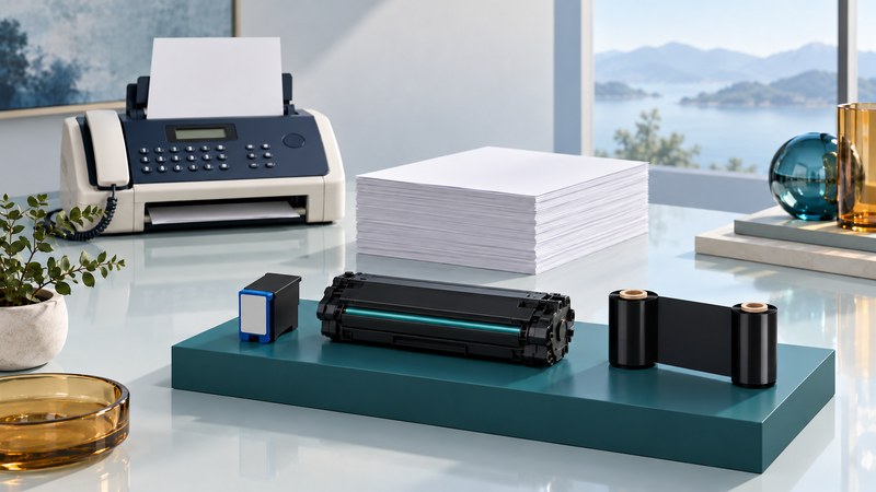 A plain-paper fax and paper stack behind separate examples of an ink cartridge, toner cartridge and black transfer film.