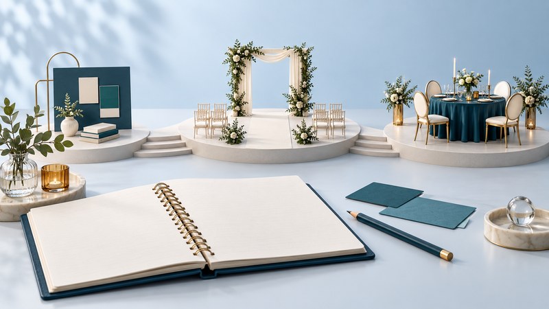 A blank planner in front of miniature ceremony and reception settings on ivory platforms.