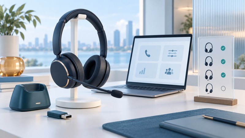 A navy headset with a base, USB adapter, laptop and a glass checklist.