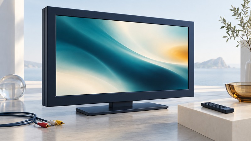 A legacy widescreen display with abstract moving imagery, a remote and video cables.