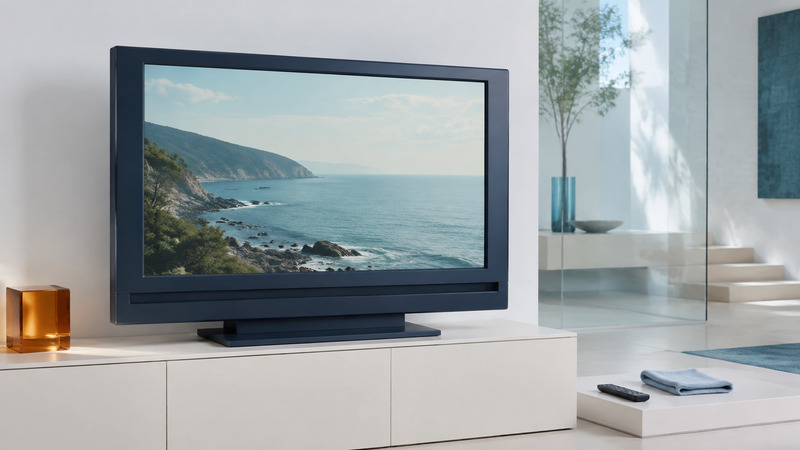 A plasma-style television with a thick navy bezel shows a coastal scene, with a remote and folded cloth on a separate step.