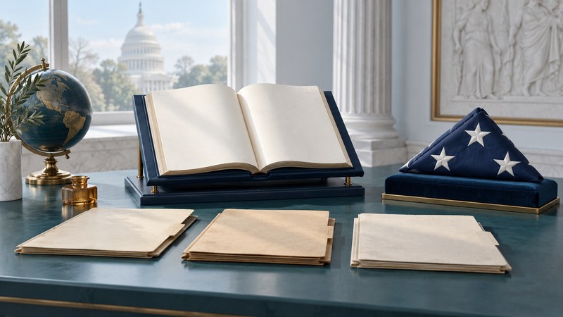 An open blank book on a reading stand, archival folders and a folded flag on a separate cushion.