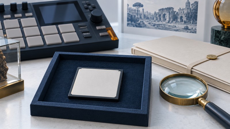 Conceptual CompactFlash card in a specimen tray beside a music sampler, documentation and magnifier.