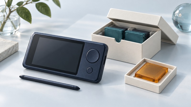 A navy handheld media player and stylus sit beside an ivory archive box, teal storage tiles and a separate amber copy tile.
