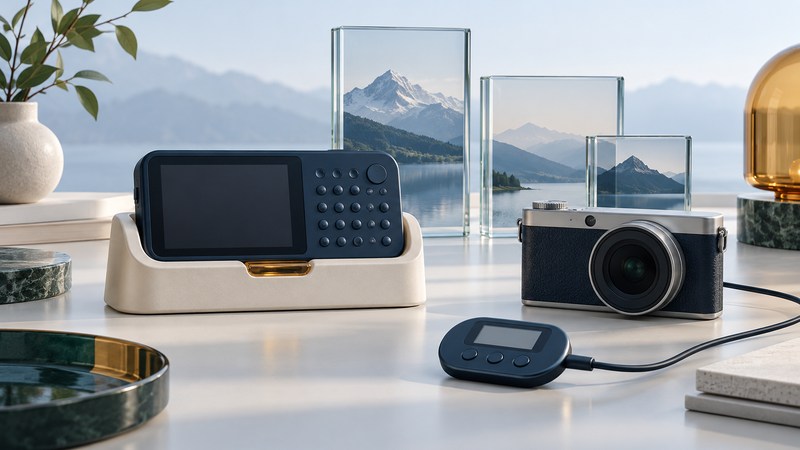 A conceptual landscape music player in a cradle beside a camera, remote and glass photo tiles.