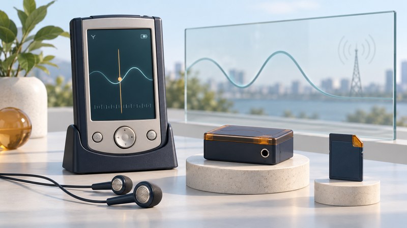 A PDA with an abstract tuner display stands beside separate radio accessories, earbuds and a glass wave motif.