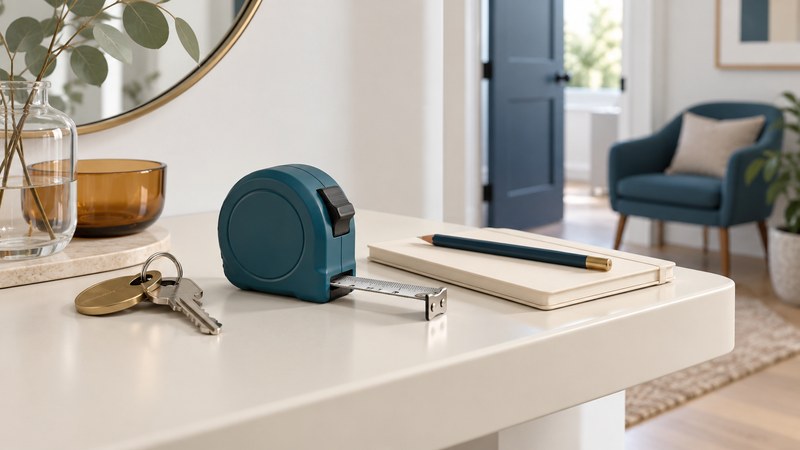 A compact tape measure with a short steel blade beside keys, a notebook and pencil, with a chair and doorway in the background.