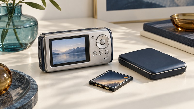 A conceptual pocket video player beside a separate storage drive and CompactFlash card.