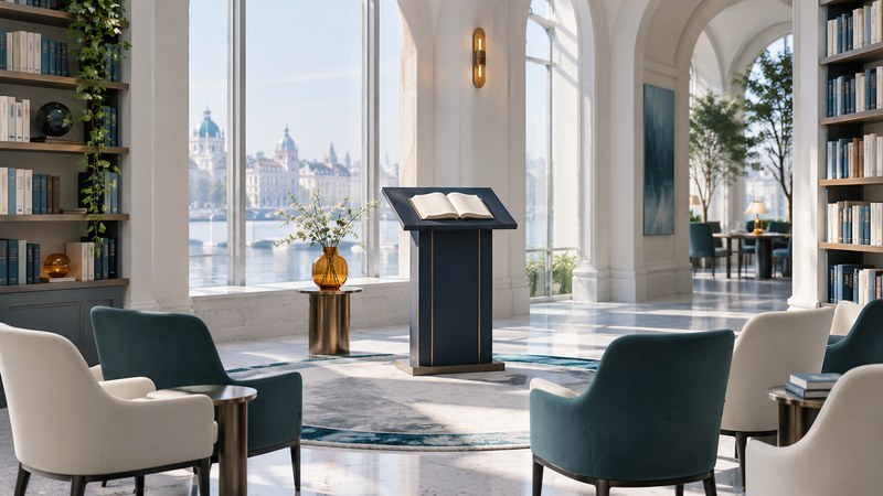 A navy reading lectern and open book face a semicircle of chairs in a bright library.
