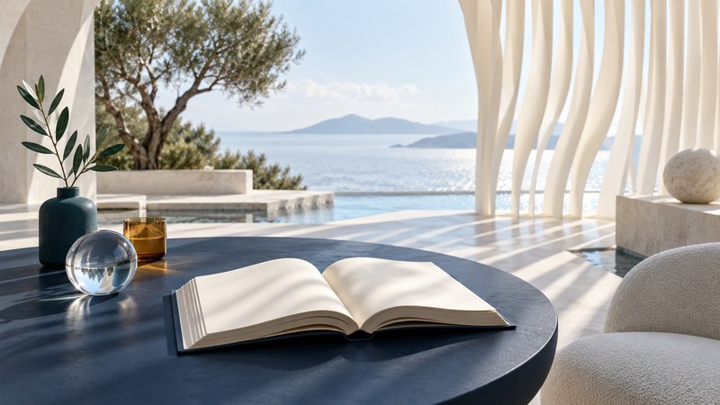 An open book on a navy table in a bright courtyard with rhythmic ivory architectural forms.