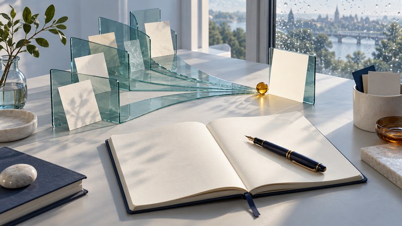 An open notebook and fountain pen face branching teal glass panels and blank pages beside a rain-dappled window.