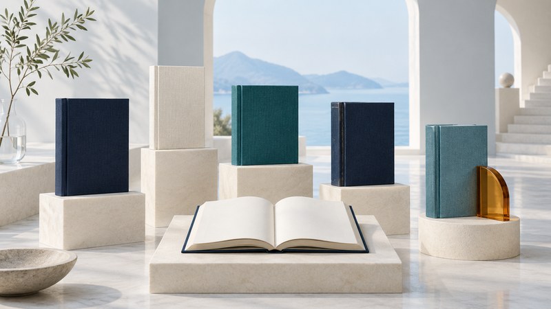 Distinct navy, ivory, and teal books on low plinths surround an open book.