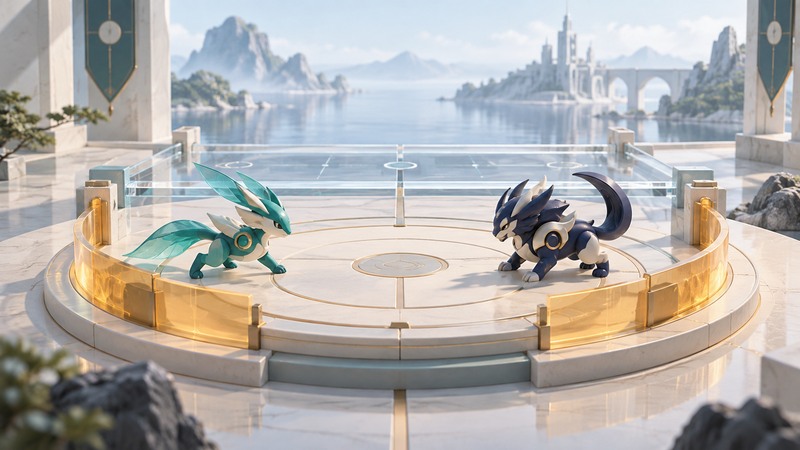 Two original stylized creatures face each other in a miniature circular fighting arena.
