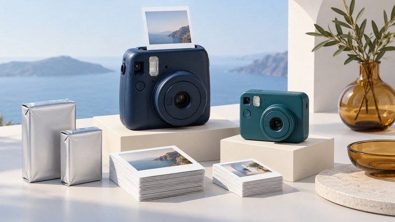 Two conceptual instant cameras with different-size prints and separate film packs.