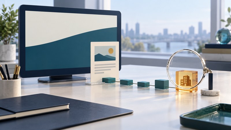 A media screen and document card connect through teal blocks to an amber object under a magnifying lens.