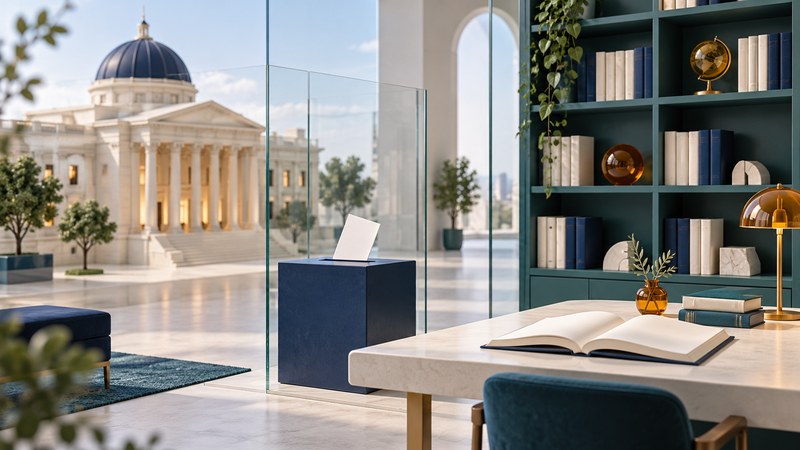 A civic reading room with a ballot box and public building.