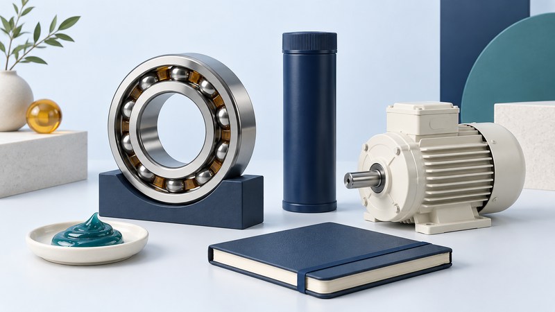 A ball bearing rests beside an electric-motor model, plain grease cartridge, lubricant sample and specification notebook.