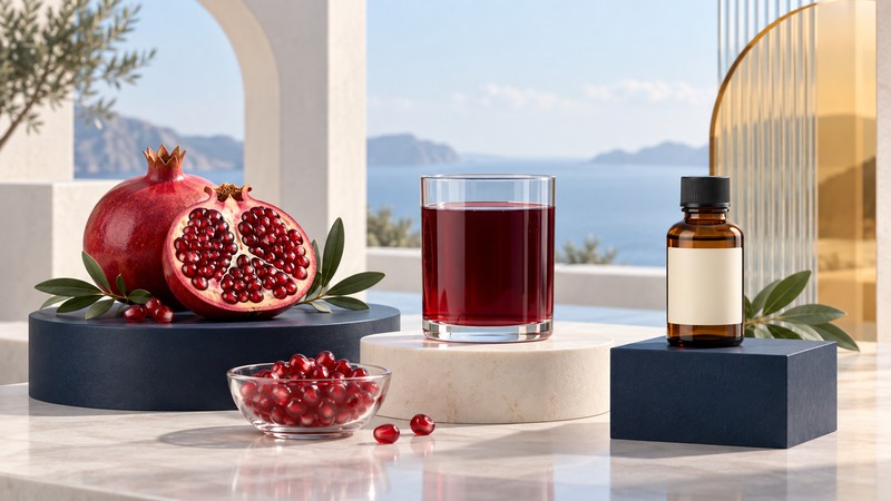 A cut pomegranate, arils, a glass of red juice and a separate amber extract bottle.