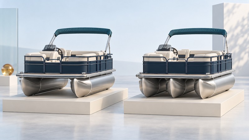 Two ivory and navy pontoon models on display plinths show two flotation tubes on the left and three on the right.