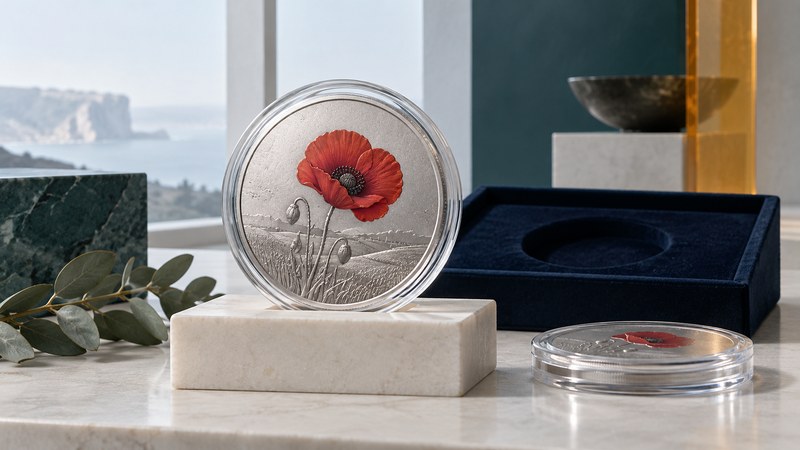 A conceptual red-poppy silver disc in a capsule beside a navy display tray.