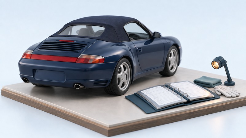 A navy rounded sports convertible with a red rear reflector strip beside a service binder and inspection lamp.