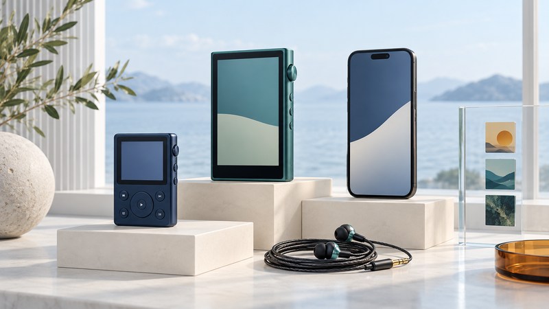 Three conceptual portable listening devices on ivory plinths beside wired earbuds.