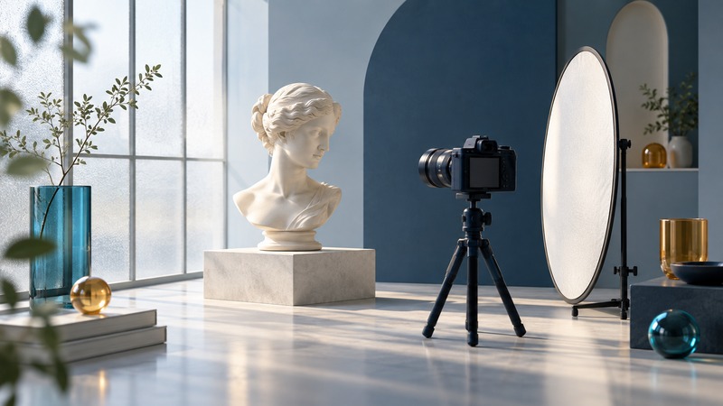 An ivory portrait bust beside a window faces a navy camera, with a white reflector nearby.