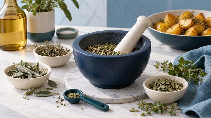 A navy mortar of herbs with sage, thyme, marjoram and a bowl of roasted potatoes.