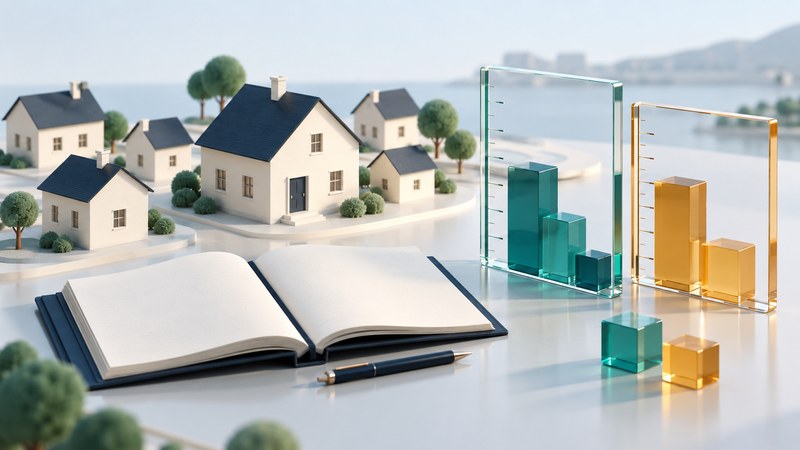 Small ivory homes beside a teal ledger and transparent measuring frames on a pale surface.