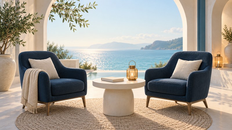 Two navy chairs beside a cream journal and amber lantern in a quiet room overlooking the sea.