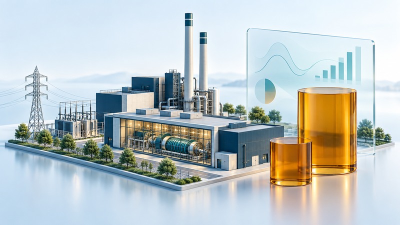 A conceptual power station stands beside amber comparison cylinders and an unnumbered glass data panel.