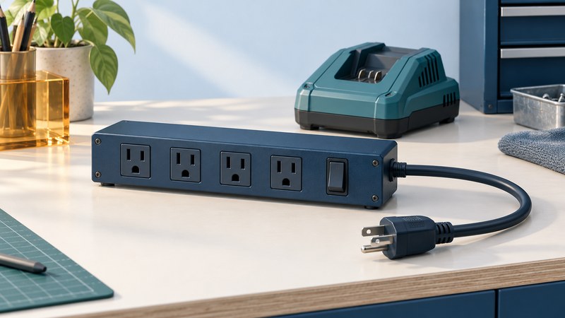 An unplugged navy four-outlet U.S. power strip with its grounded plug beside a separate teal charger.