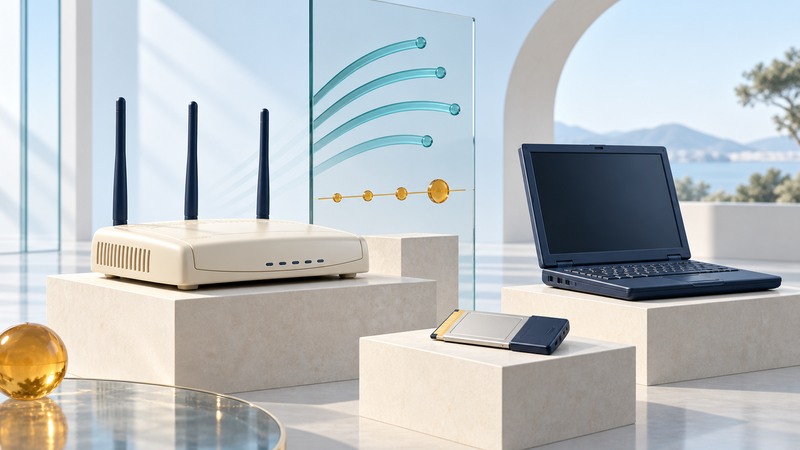 A three-antenna vintage router, laptop and network card stand on ivory display plinths.
