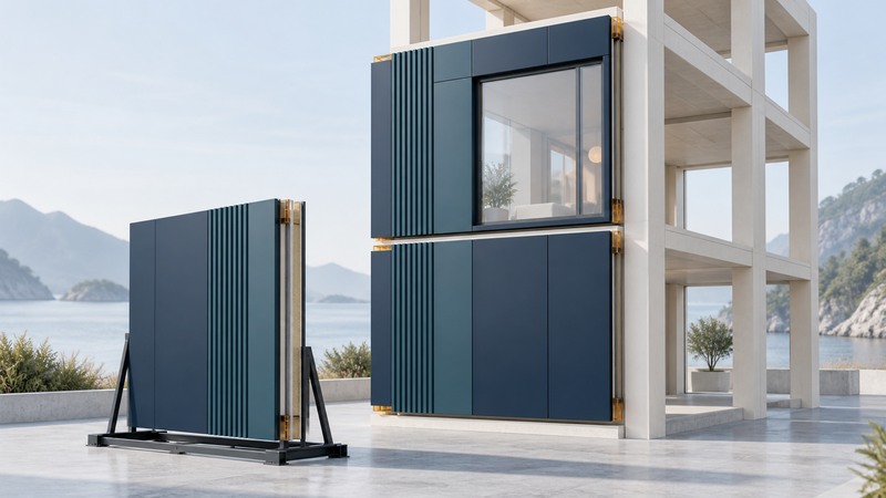 A building-frame model carries two facade panels beside a separate panel on a support rack.