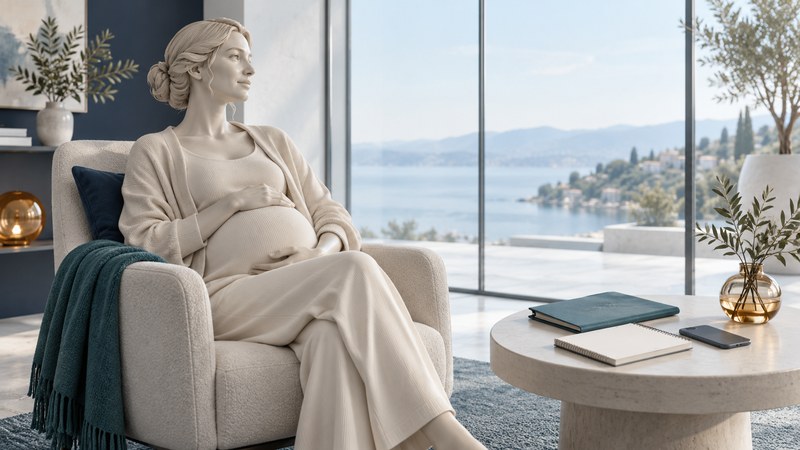 A sculptural pregnant adult seated beside a notebook, care folder, and phone.