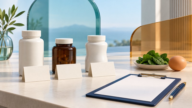 Three plain supplement bottles stand behind blank comparison cards beside a clipboard, spinach and an egg.
