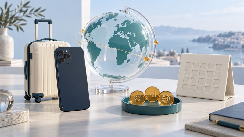 A navy phone and ivory suitcase beside a glass globe, amber travel tokens, and a blank calendar.