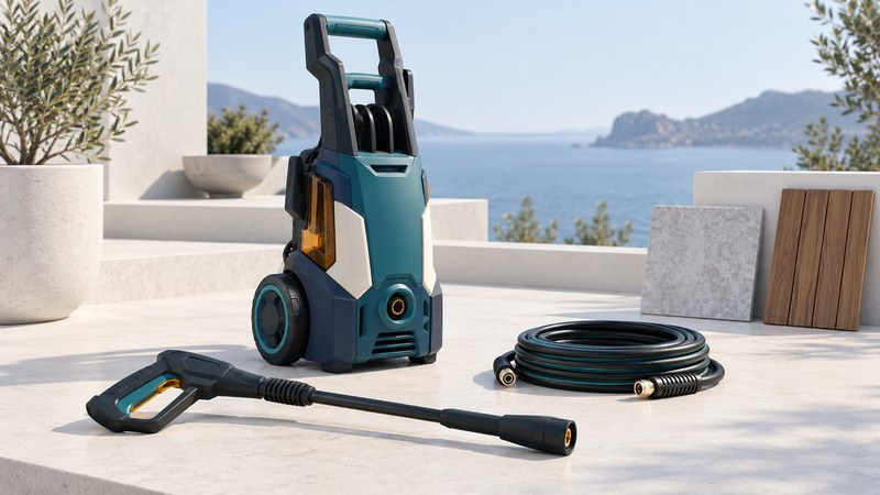 A teal electric pressure washer with a coiled hose and separate spray lance on an ivory terrace.