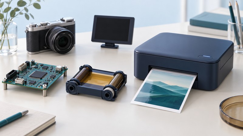 A compact photo printer, controller board and dye-ribbon cartridge arranged on an ivory workbench.