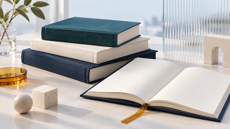 Unlettered navy, ivory, and teal books sit beside an open blank book with an amber bookmark.