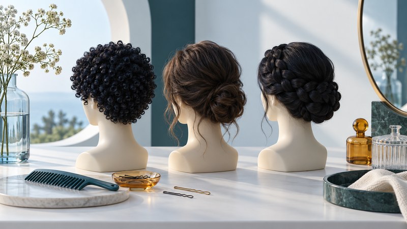 Three mannequin heads show short curls, a low bun and a braided updo beside styling tools.