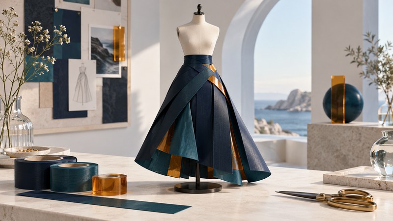 A miniature formal skirt made of navy and teal tape panels beside tape rolls and scissors.
