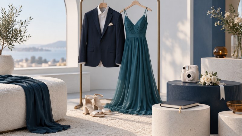 Navy suit and teal dress with shoes, a planner, an instant camera and a corsage.